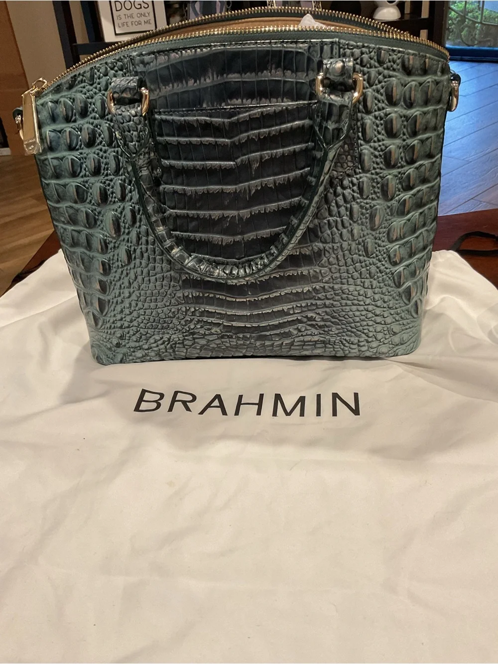 Brahmin Duxbury Teal Croc-Embossed Leather Satchel with Detachable Strap